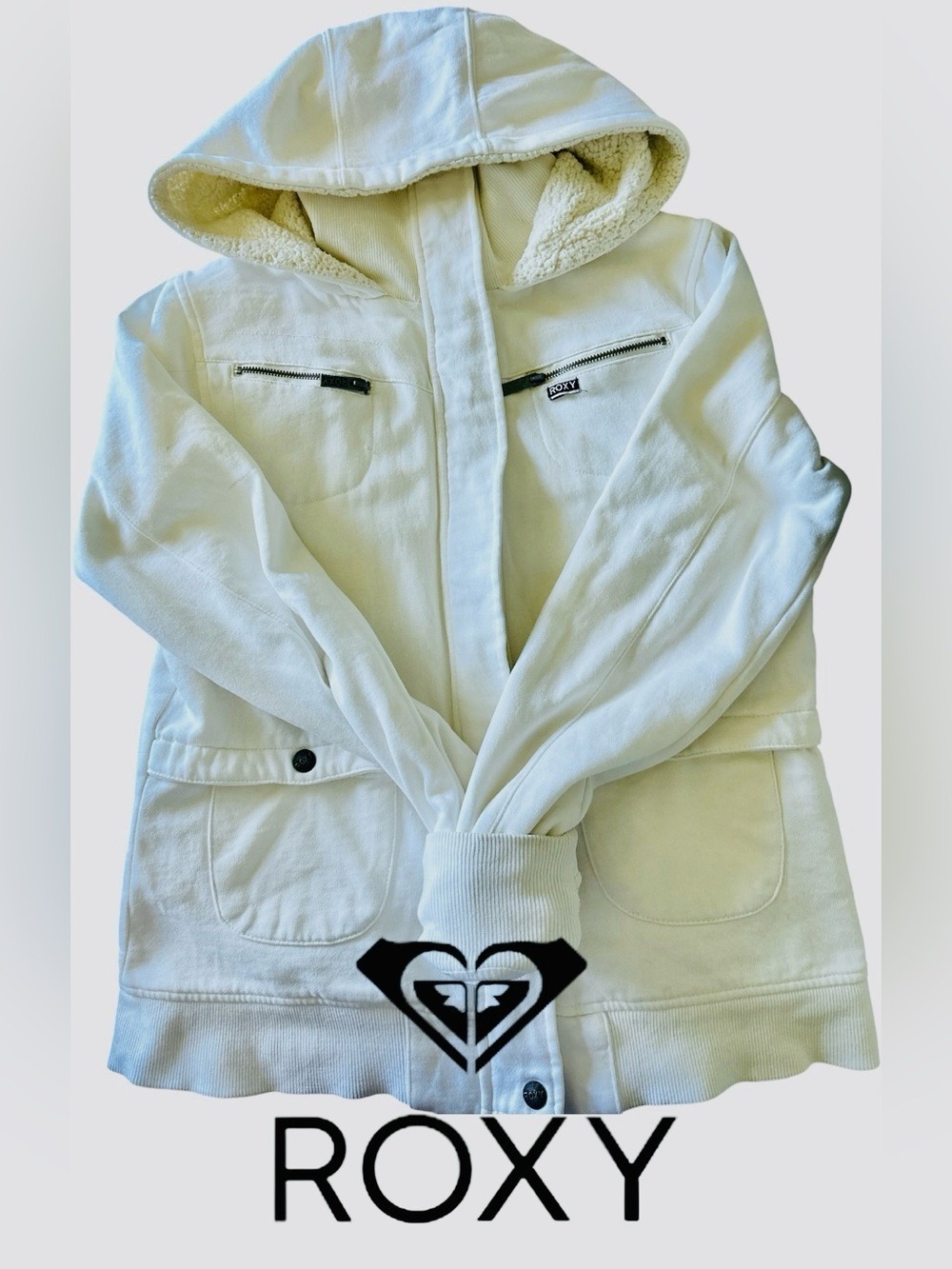 The Roxy White Hooded Teddy-Lined Jacket with Zip Pockets